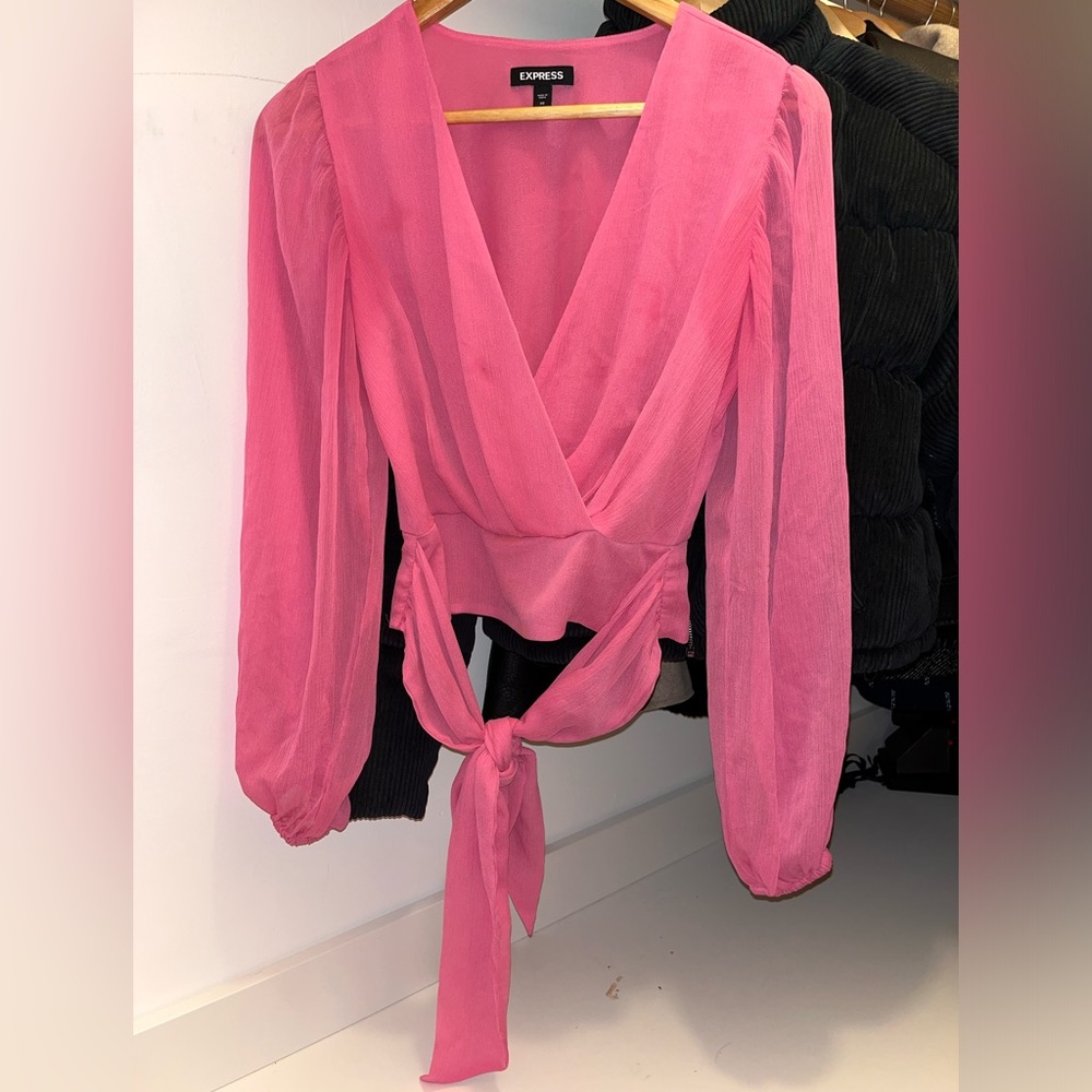 Express V-Neck Faux Wrap Tie Waist Top